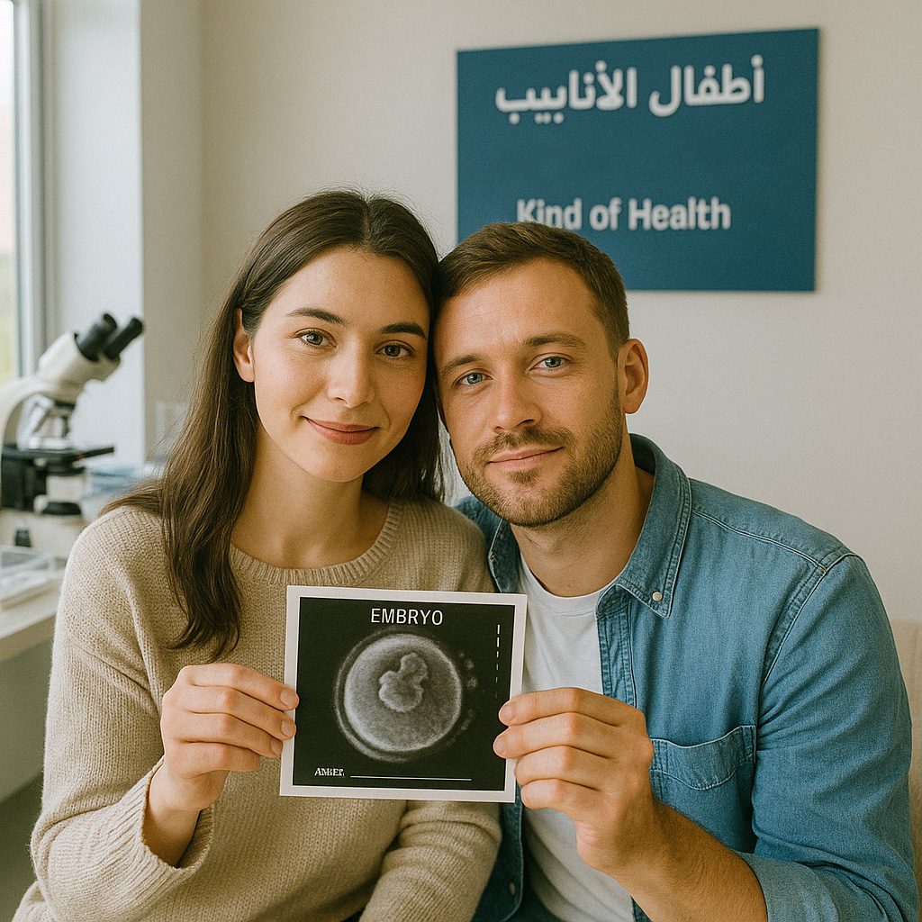 زوجان مبتسمان يحملان صورة جنين داخل مركز علاج خصوبة تابع لـ Kind of Health في قبرص