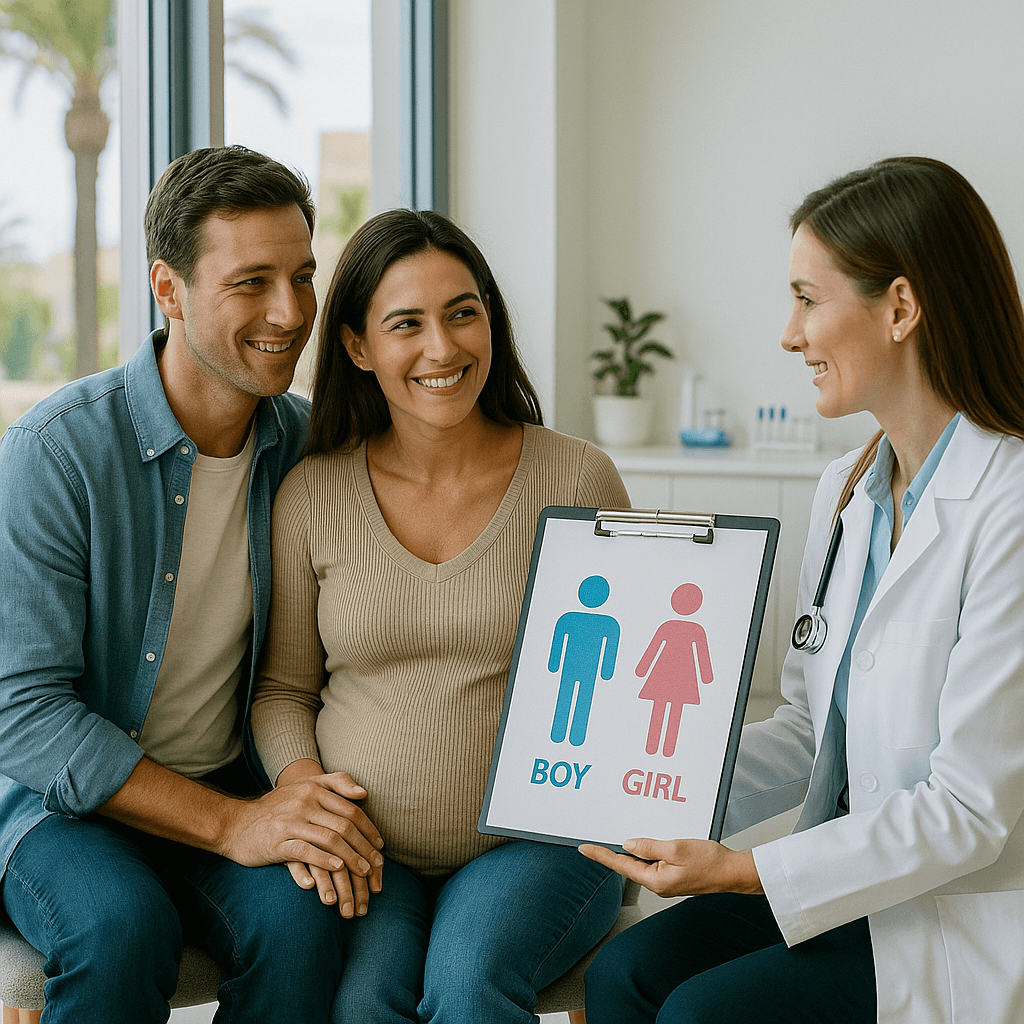 Pregnant couple discussing baby gender selection options with IVF doctor in Cyprus