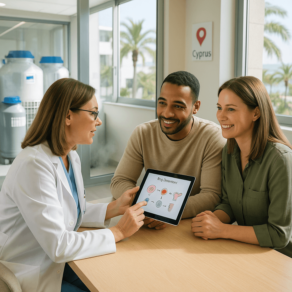 Fertility specialist explaining IVF process to a couple in Cyprus using a tablet