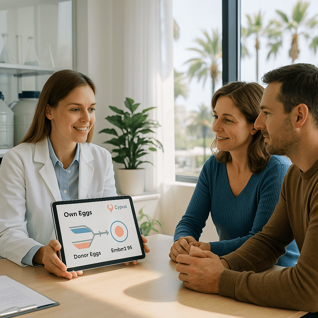 Couple receiving consultation from doctor about IVF using donor eggs in Cyprus