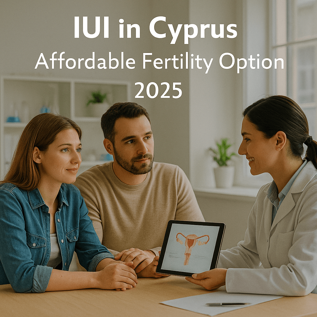 Couple consulting with a fertility doctor showing an IUI procedure diagram on a tablet in a Cyprus clinic