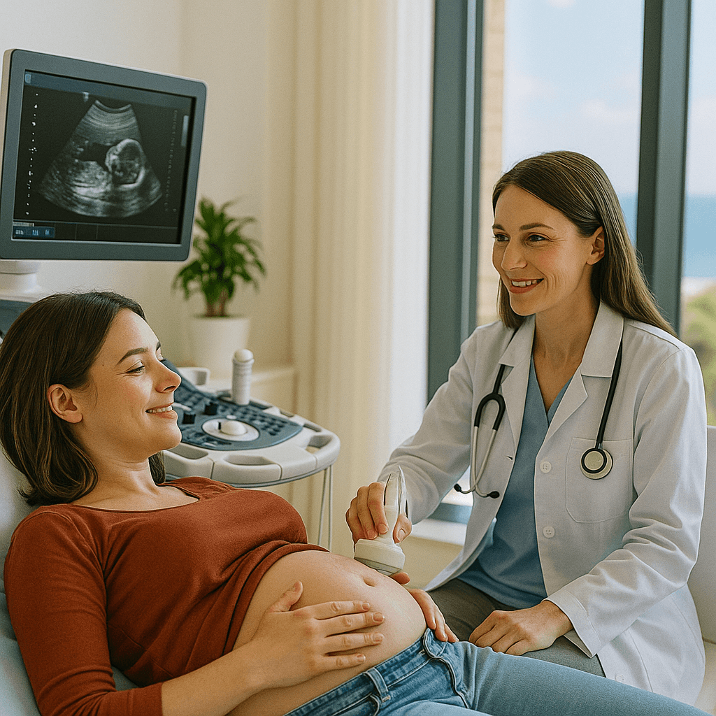 Pregnant woman receiving ultrasound scan from a female doctor in a modern clinic in Cyprus