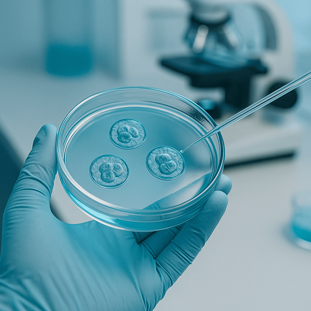 Close-up of embryos in a petri dish under laboratory conditions during IVF procedure in Cyprus