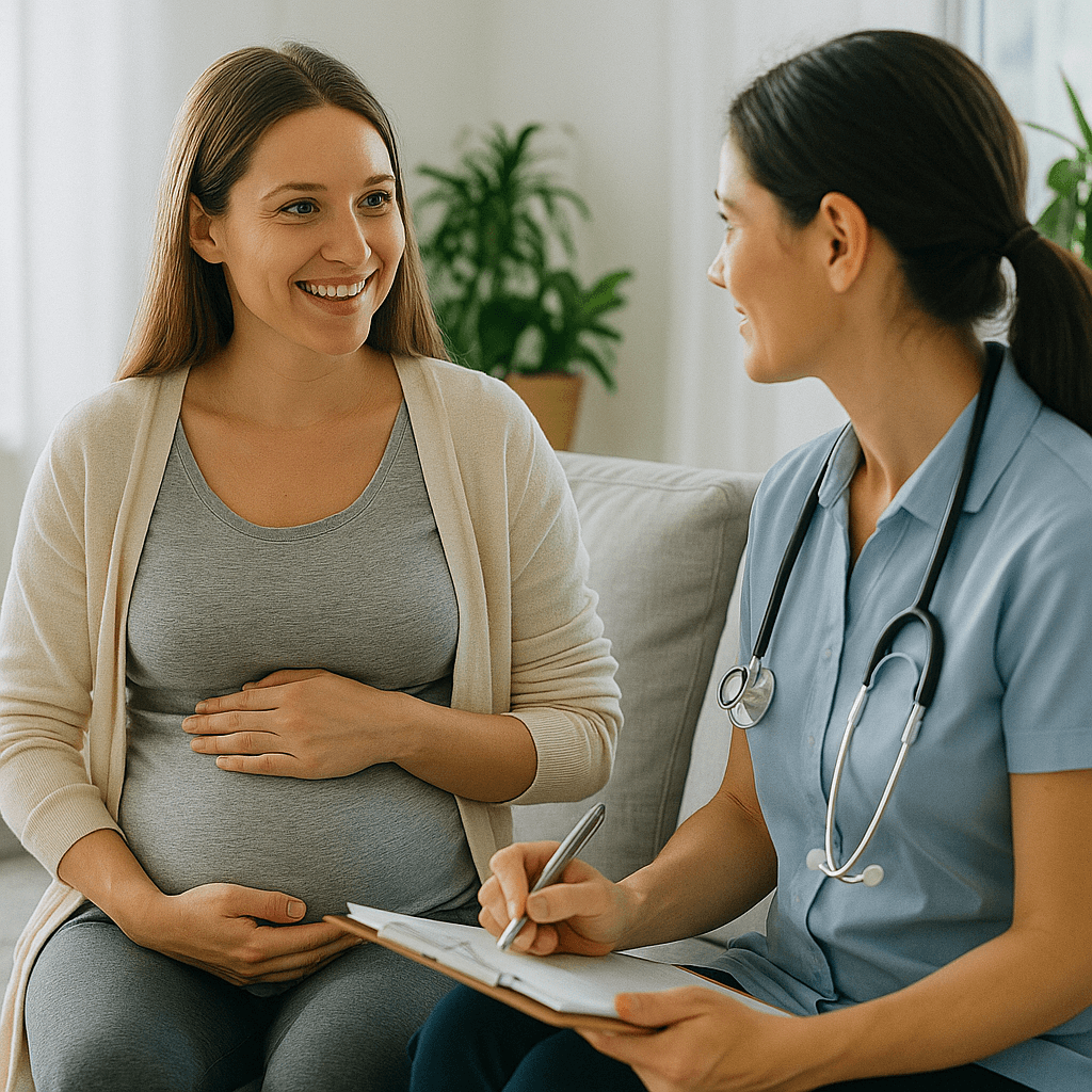 Pregnant woman smiling during a prenatal consultation with a female doctor in Cyprus clinic