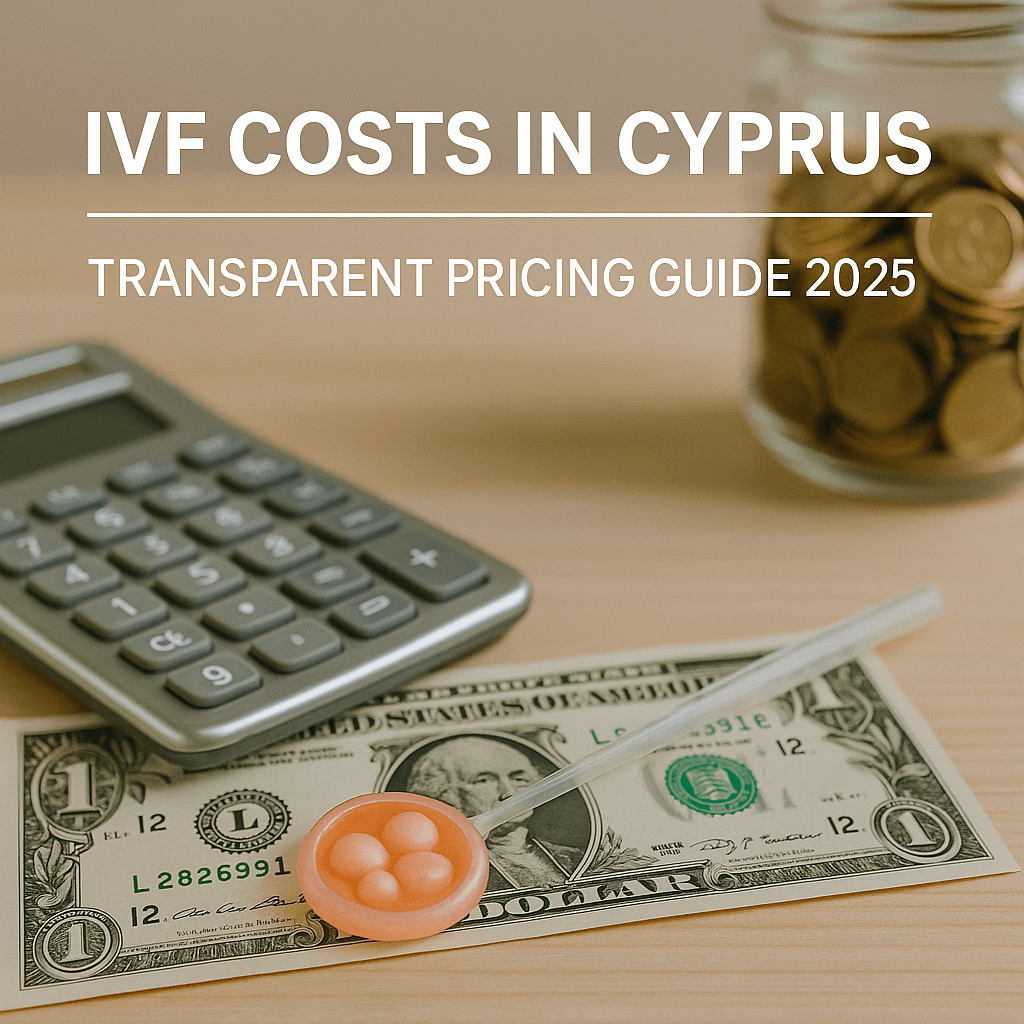 Calculator and dollar bill with IVF embryo model – representing IVF treatment costs in Cyprus 2025
