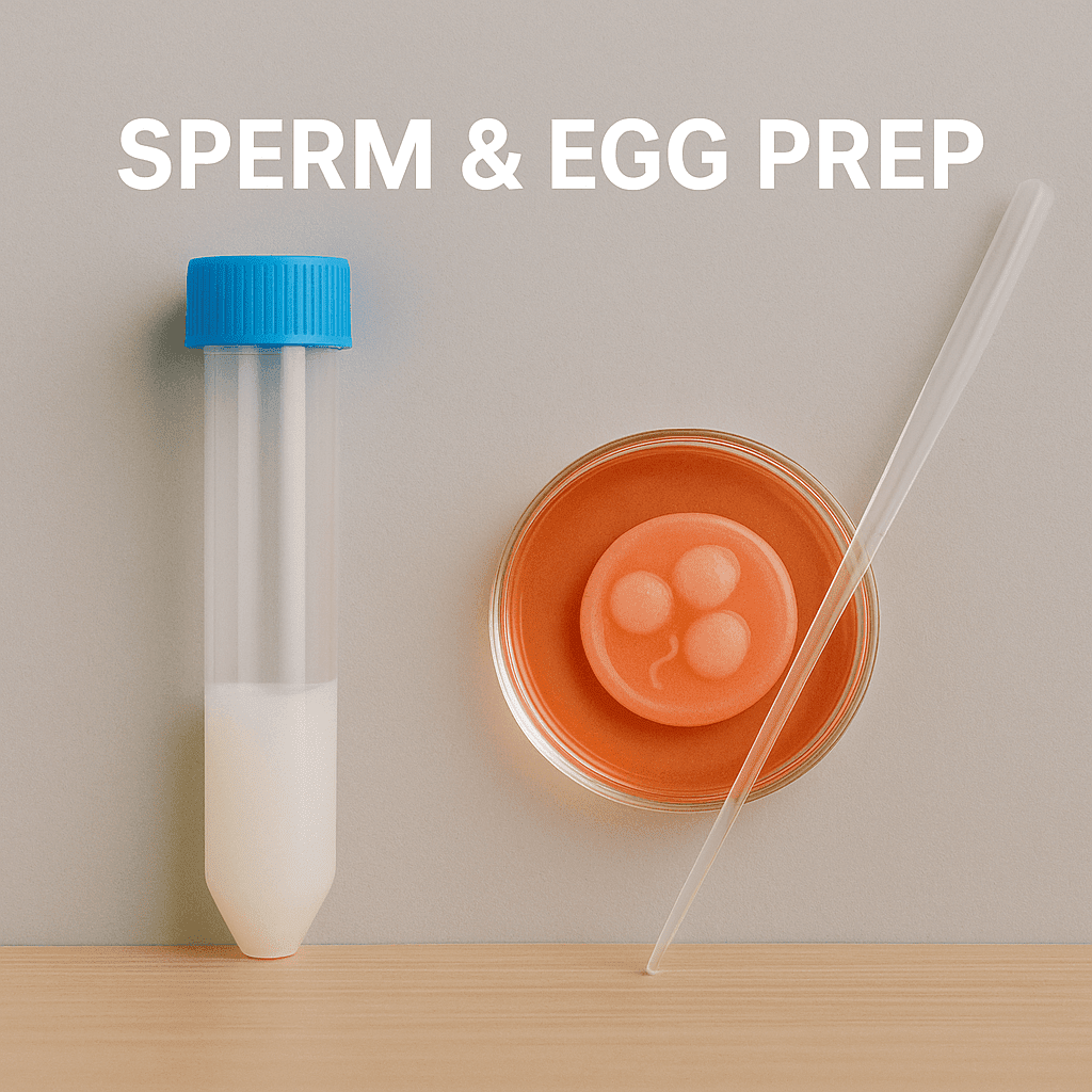 Laboratory setup showing sperm sample tube and egg preparation dish for IVF treatment