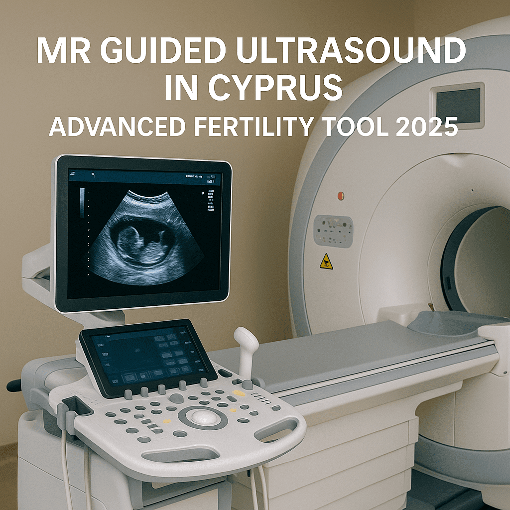 MRI machine with ultrasound monitor showing fetal image, representing advanced fertility scanning in Cyprus