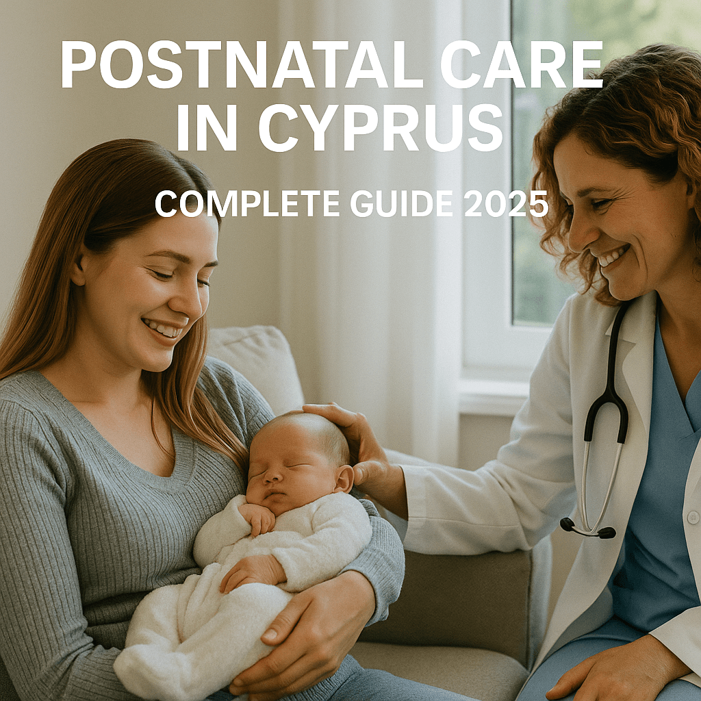 Smiling mother holding newborn while doctor provides postnatal support in Cyprus