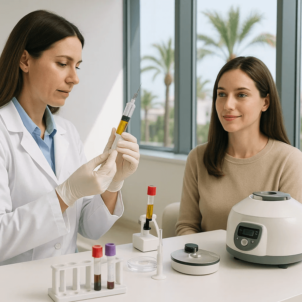 Doctor preparing PRP injection in a modern Cyprus clinic with patient waiting