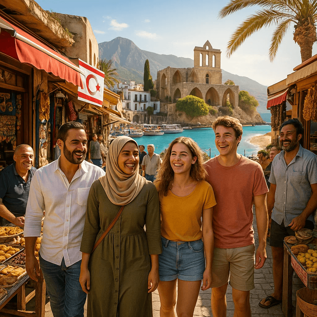 مجموعة سياح يبتسمون أثناء التجول في سوق تقليدي بمدينة كيرينيا في شمال قبرص، مع معالم تاريخية وخلفية بحرية خلابة.