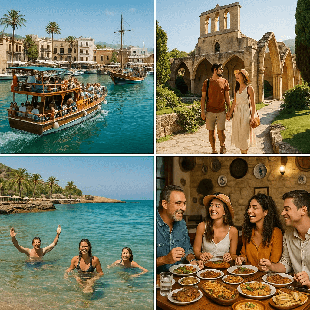 "مجموعة سياح يستمتعون برحلة بحرية وزيارة آثار تاريخية وسباحة في شاطئ شمال قبرص، مع وجبة قبرصية تقليدية في مطعم محلي."